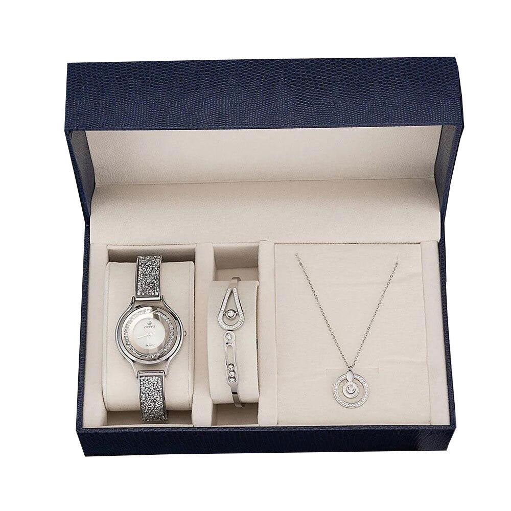 Women Diamond Sand Watch and Crystal Bracelet & Necklace Jewelry Set-Jewelry Sets-Innovato Design-Sliver-Innovato Design