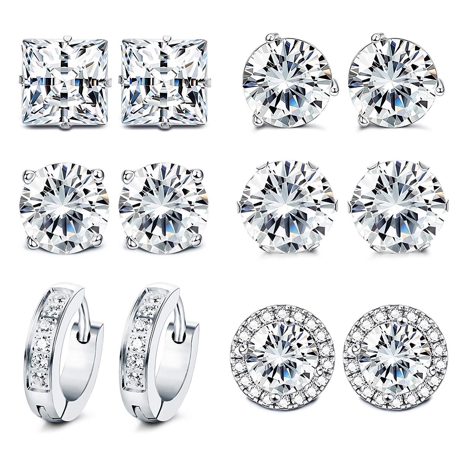 6 Pairs Stainless Steel Hoop Earrings for Women Men Stud Earrings CZ Set-Earrings-Innovato Design-B: 6 Pairs Silver-tone-Innovato Design