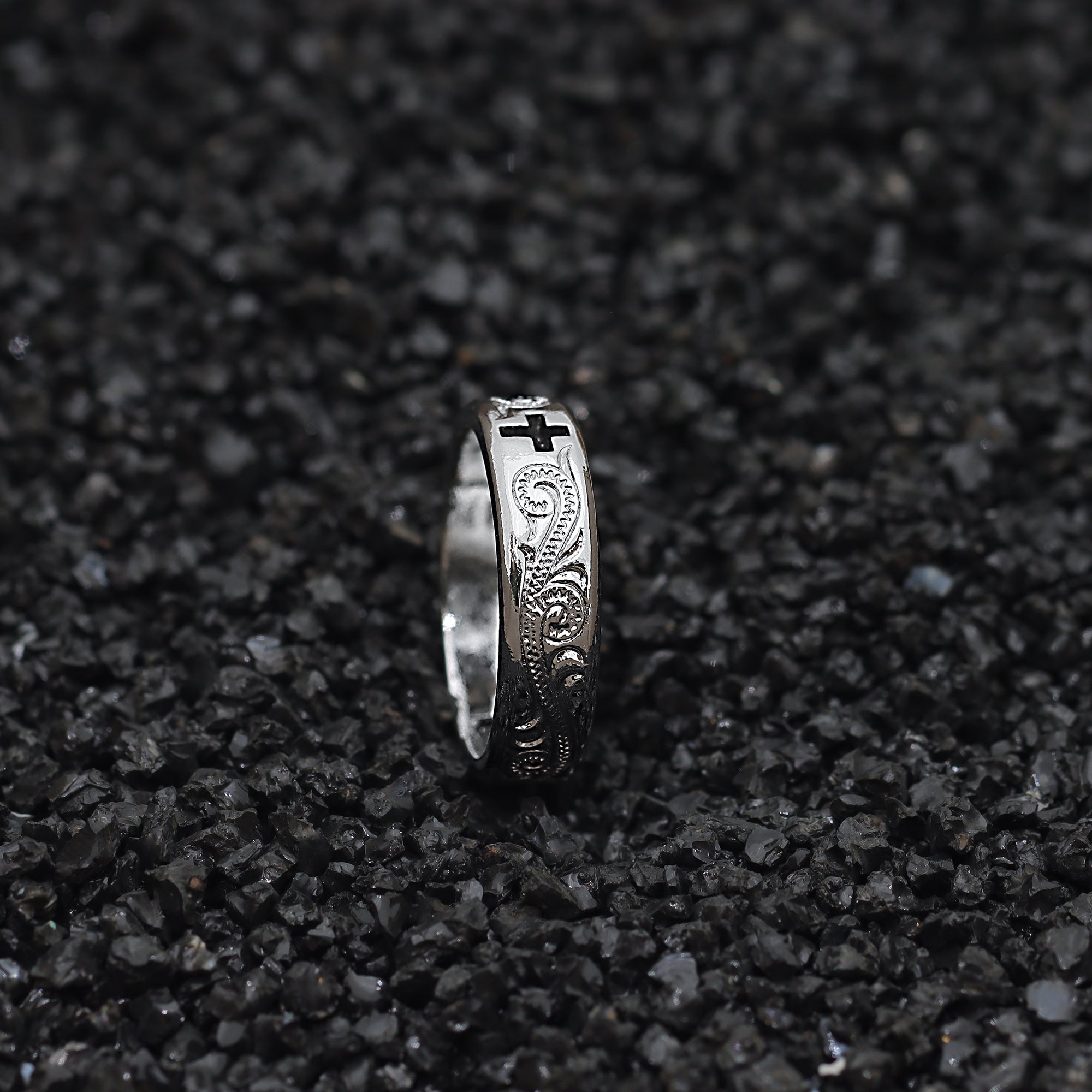 7mm Titanium Ring Hollow Cross Cut Out Hand Floral Design-Rings-Innovato Design-5-Innovato Design