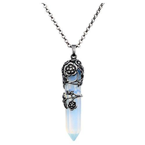Antique Silver Flower Wrapped Natural Rose Quartz Healing Crystal Necklace-Necklaces-Innovato Design-Synthetic Opalite-Innovato Design