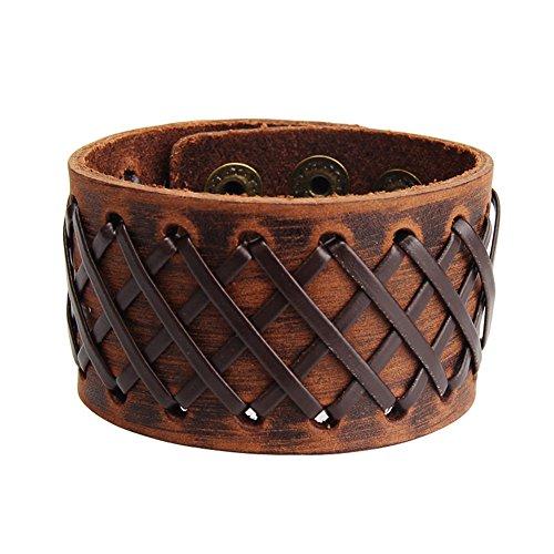 Men’s Genuine Leather Adjustable Wide Braided Wristband Bracelet Bangle with Smooth Cuff-Bracelets-Innovato Design-Cuff Brown-Innovato Design