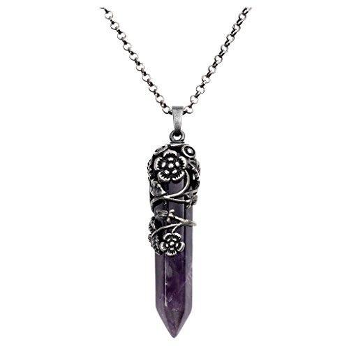Antique Silver Flower Wrapped Natural Rose Quartz Healing Crystal Necklace-Necklaces-Innovato Design-Amethyst-Innovato Design