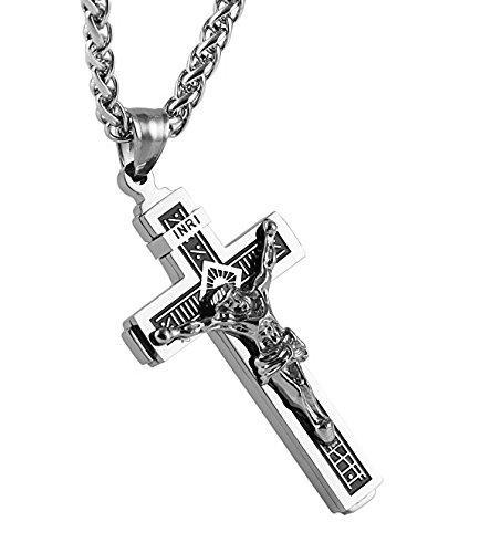 Catholic Jesus Christ on INRI Cross Crucifix stainless steel Pendant Necklace 24" Chain-Necklaces-Innovato Design-Silver-Innovato Design