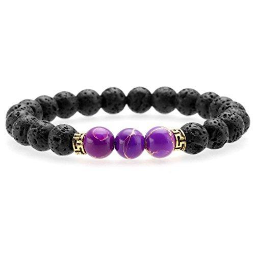 Black Lava Rock Stone Elastic Beaded Bracelet Healing Energy Stretch Bracelets with 3 Imperial Jasper-Bracelets-Innovato Design-Purple-Innovato Design