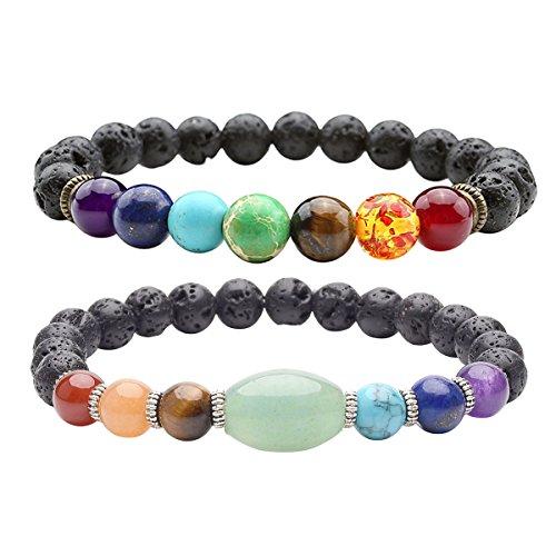 Lava Stone Diffuser Bracelet Aromatherapy 7 Chakra Tree of Life Charm Yoga-Bracelets-Innovato Design-2 pcs Lava Stone Chakra Couples Bracelets-Innovato Design