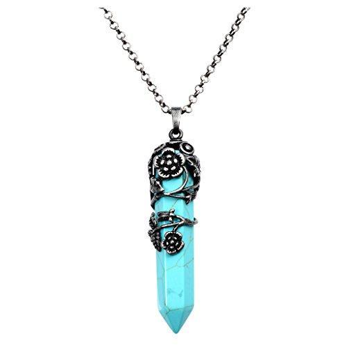Antique Silver Flower Wrapped Natural Rose Quartz Healing Crystal Necklace-Necklaces-Innovato Design-Synthetic Turquoise-Innovato Design