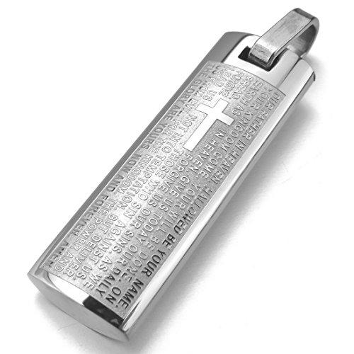 Men's Stainless Steel Pendant Necklace English Bible Lords Prayer Cross -With 23 Inch Chain-Necklaces-INBLUE-silver-Innovato Design