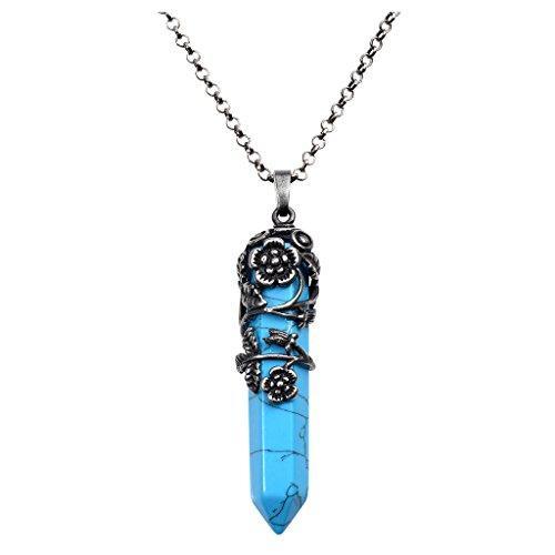 Antique Silver Flower Wrapped Natural Rose Quartz Healing Crystal Necklace-Necklaces-Innovato Design-Synthetic Blue Turquoise-Innovato Design