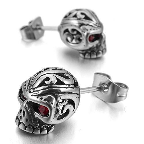 Men's Stainless Steel Stud Earrings CZ Silver Tone White Red Skull-Earrings-Innovato Design-Red-Innovato Design