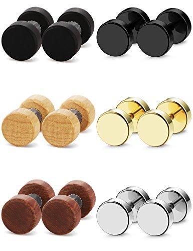 6 Pairs Stud Earrings for Men Women Ear Piercing Ear Plugs Tunnel 18G-Earrings-Innovato Design-Wood and Steel Earrings-Innovato Design