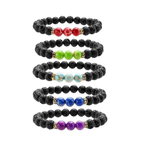 Black Lava Rock Stone Elastic Beaded Bracelet Healing Energy Stretch Bracelets with 3 Imperial Jasper-Bracelets-Innovato Design-set of 5-Innovato Design