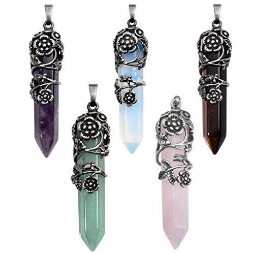 Antique Silver Flower Wrapped Natural Rose Quartz Healing Crystal Necklace-Necklaces-Innovato Design-Amethyst-Innovato Design