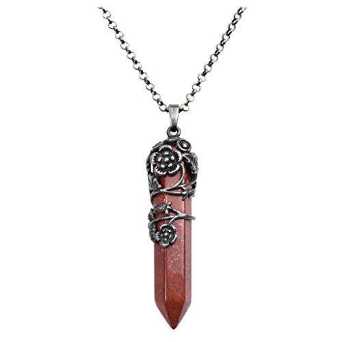 Antique Silver Flower Wrapped Natural Rose Quartz Healing Crystal Necklace-Necklaces-Innovato Design-Red Stone-Innovato Design