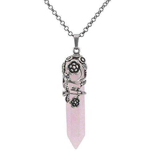 Antique Silver Flower Wrapped Natural Rose Quartz Healing Crystal Necklace-Necklaces-Innovato Design-Amethyst-Innovato Design