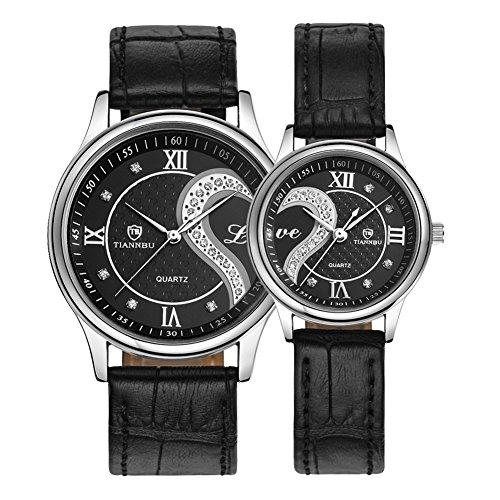 Romantic His Hers Watches Pair Hearts Wristwatch for Man Woman Leather Set-Watches-Innovato Design-Black Black-Innovato Design