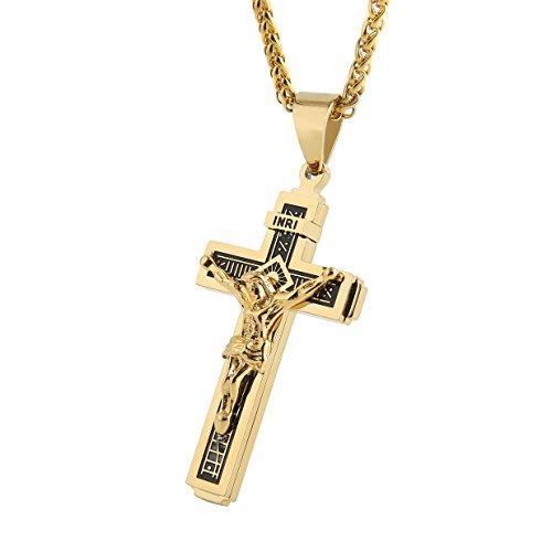 Catholic Jesus Christ on INRI Cross Crucifix stainless steel Pendant Necklace 24" Chain-Necklaces-Innovato Design-Gold-Innovato Design