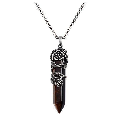 Antique Silver Flower Wrapped Natural Rose Quartz Healing Crystal Necklace-Necklaces-Innovato Design-Tiger Eye Stone-Innovato Design