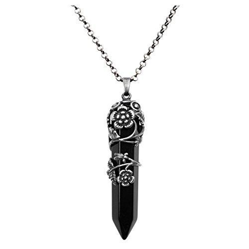 Antique Silver Flower Wrapped Natural Rose Quartz Healing Crystal Necklace-Necklaces-Innovato Design-Black Agate-Innovato Design