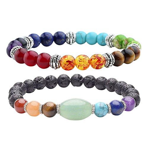 Lava Stone Diffuser Bracelet Aromatherapy 7 Chakra Tree of Life Charm Yoga-Bracelets-Innovato Design-2 pcs Lava Stone Chakra Couples Bracelets #2-Innovato Design