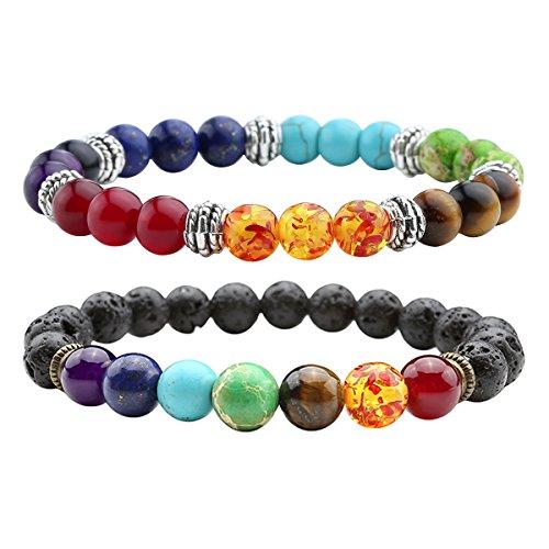 Lava Stone Diffuser Bracelet Aromatherapy 7 Chakra Tree of Life Charm Yoga-Bracelets-Innovato Design-2 pcs Lava Stone Chakra Couples Bracelets #3-Innovato Design