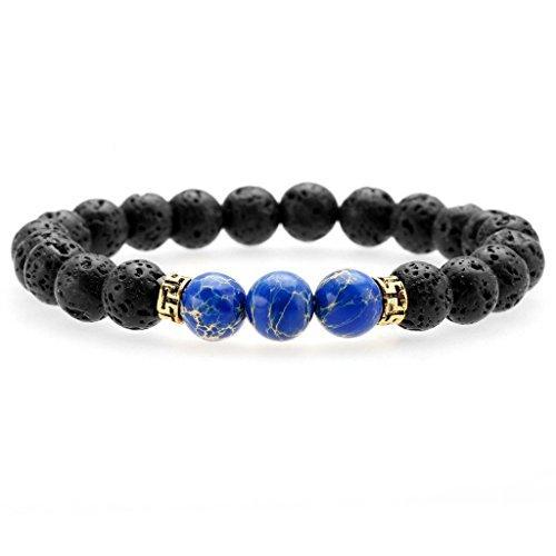 Black Lava Rock Stone Elastic Beaded Bracelet Healing Energy Stretch Bracelets with 3 Imperial Jasper-Bracelets-Innovato Design-Dark Blue-Innovato Design