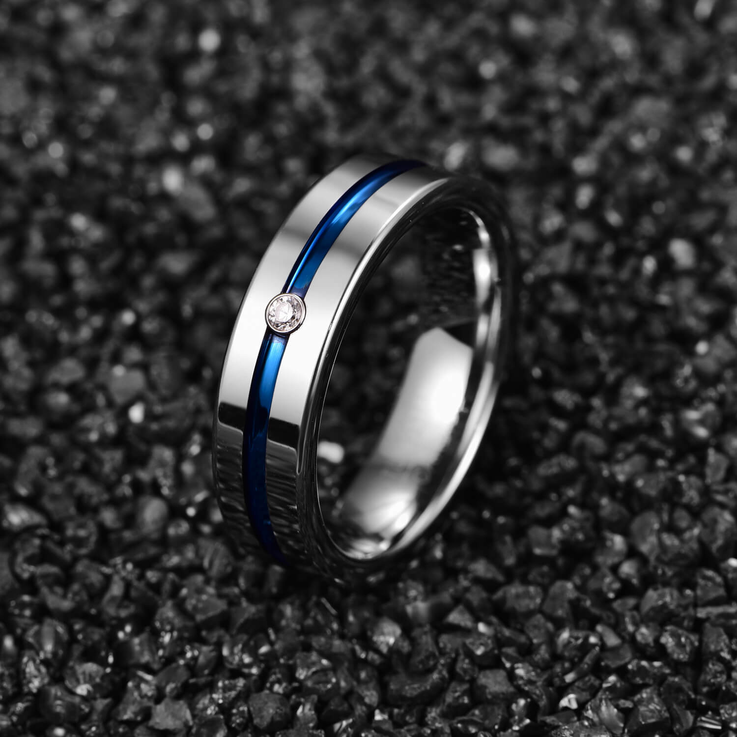 His & Her Cubic Zirconia Matte Blue Groove Tungsten Couple Rings Set-Ring-Innovato Design-7-7-Innovato Design