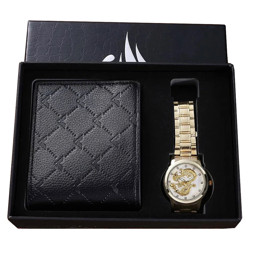 Men Quartz Watch and Black Wallet with Card Holder Gift Set-Jewelry Sets-Innovato Design-Gold White-Innovato Design